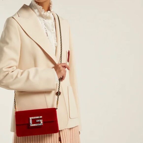 Gucci red Broadway velvet crystal G shoulder bag - Picture 10 of 16